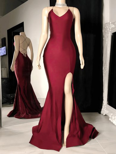 Sheath/Column V-neck Stretch Crepe Sweep Train Prom Dresses With Split Front #Milly020117183