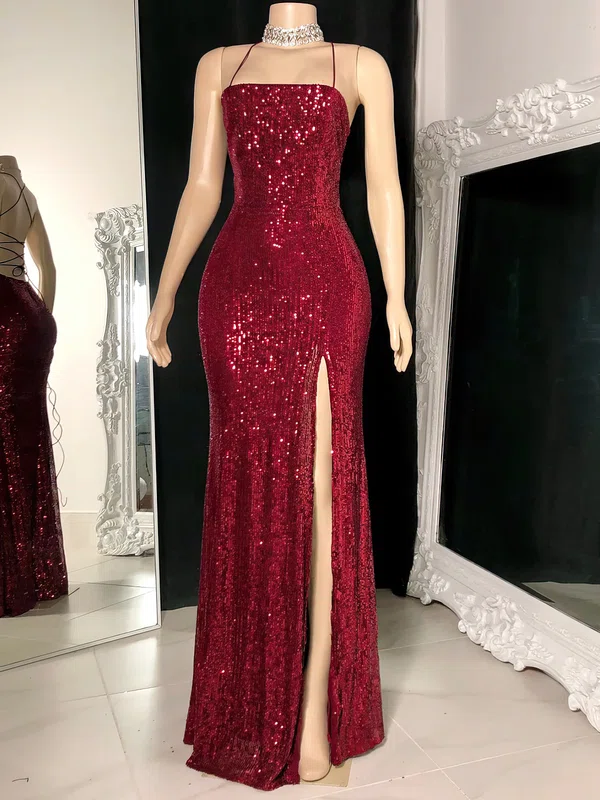 Sheath/Column Square Neckline Sequined Floor-length Prom Dresses With Split Front #Milly020117186