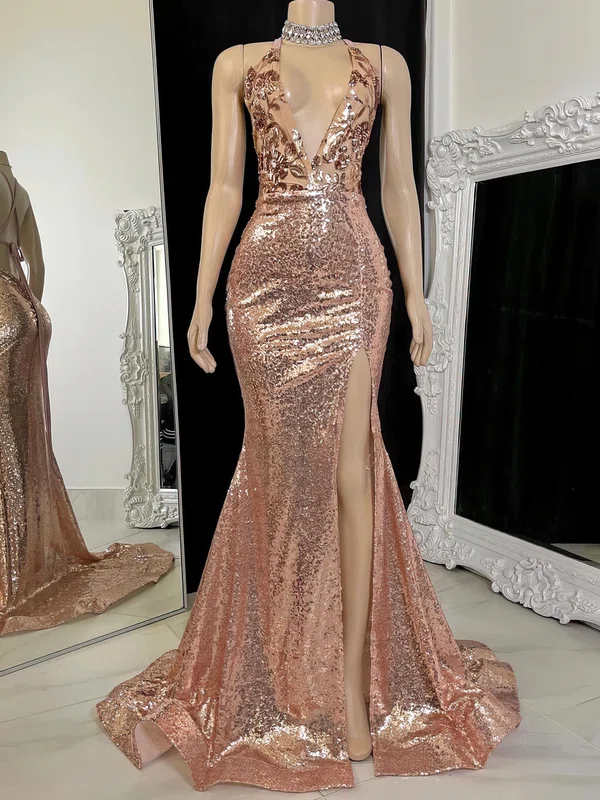Sheath/Column V-neck Sweep Train Formal Dresses With Split Front PT020117191