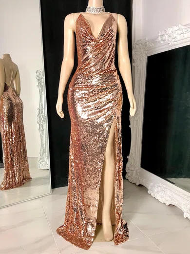 Sheath/Column Cowl Neck Sparkly Sequin Prom Dresses With Ruched #Milly020117193