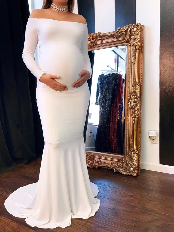 Sheath/Column Off-the-shoulder Jersey Sweep Train Formal Dresses PT020117203