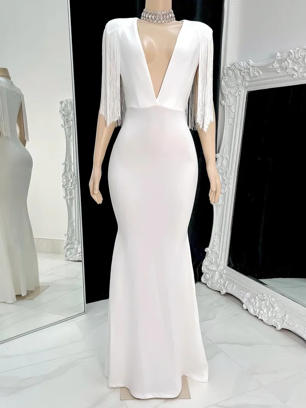 Elegant White Stretch Crepe Sheath/Column V-neck Formal Dresses PT020117204