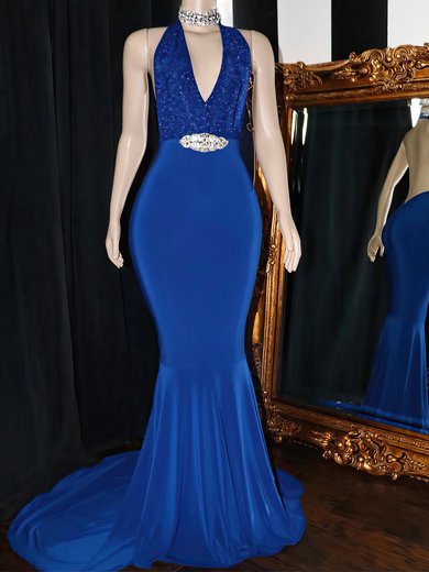 Trumpet/Mermaid Halter Jersey Glitter Sweep Train Prom Dresses With Beading #Milly020117210
