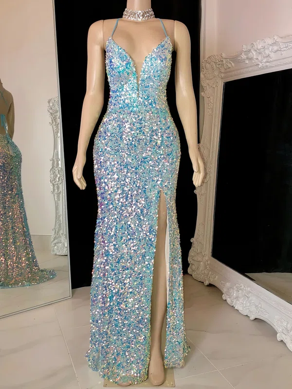 Sheath/Column V-neck Velvet Sequins Floor-length Prom Dresses With Split Front #Milly020117213