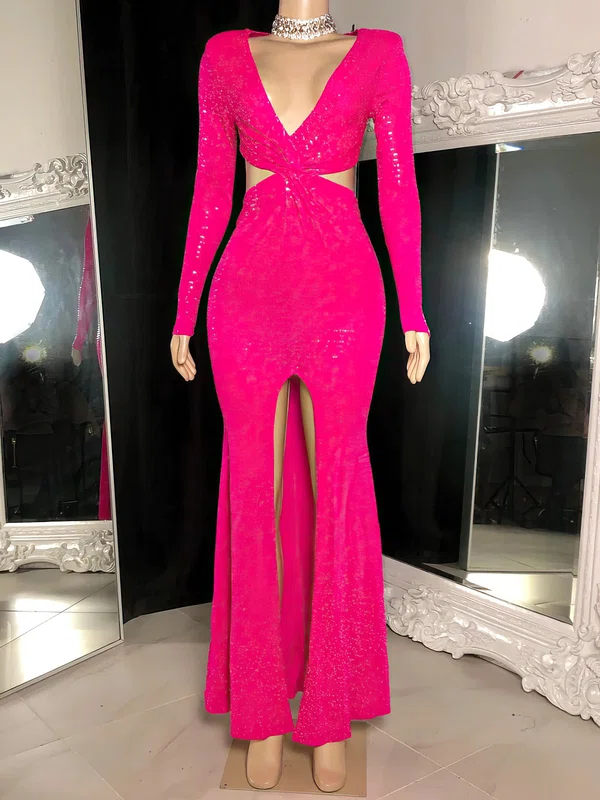 Sheath/Column V-neck Floor-length Formal Dresses With Split Front PT020117223