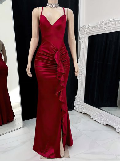 Sheath/Column V-neck Silk-like Satin Floor-length Prom Dresses With Split Front #Milly020117226