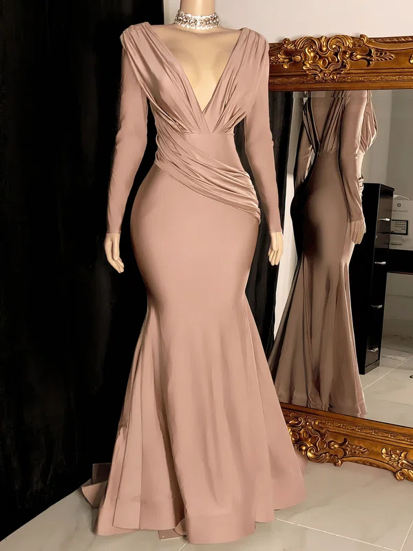 Sheath/Column V-neck Satin Sweep Train Formal Dresses With Ruffles PT020117231