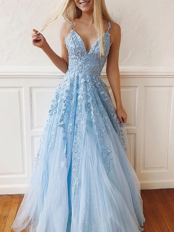 Ball Gown V-neck Tulle Lace Floor-length Appliques Lace Prom Dresses #SALEMilly020107939