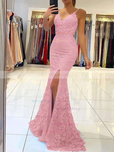 Lace Hot Pink Prom Dresses 2024 Mermaid V Neck Long Formal Dress –  MyChicDress
