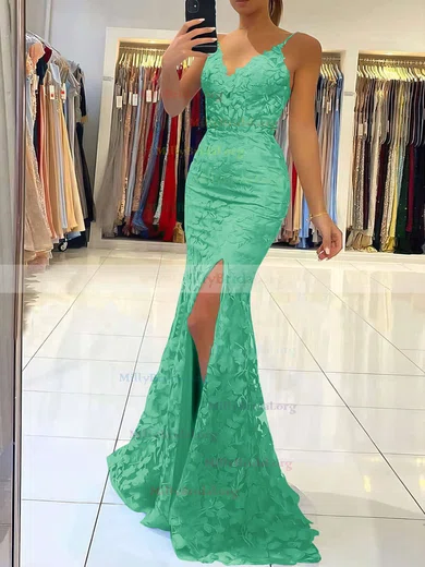 Sheath Column V neck Lace Sweep Train Beading Prom Dresses