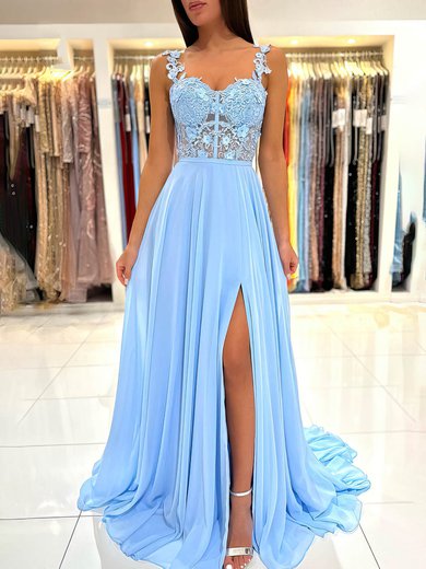 A-line Sweetheart Chiffon Sweep Train Appliques Lace Prom Dresses #SALEMilly020115660