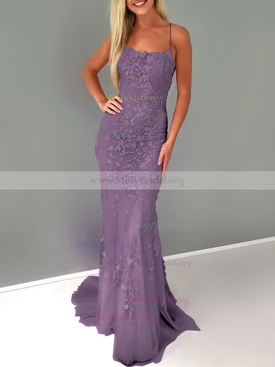 White Lace Violet Purple Spandex Trumpet Prom Dress - Promfy