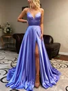 A-line V-neck Silk-like Satin Sweep Train Split Front Prom Dresses #SALEMilly020108266