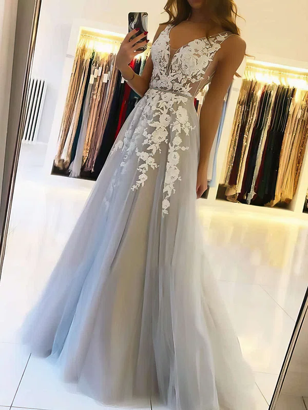 Ball Gown V-neck Tulle Sweep Train Beading Prom Dresses #SALEMilly020106918