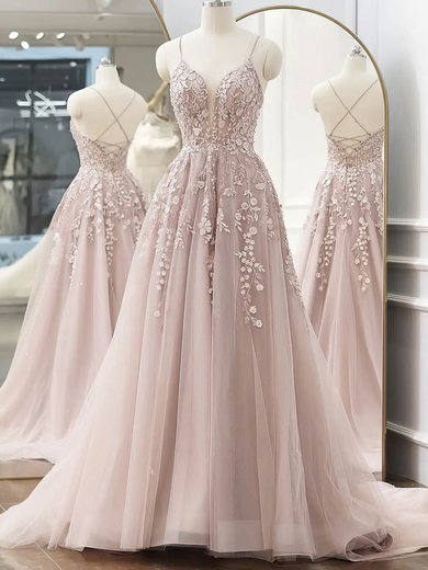 Ball Gown V-neck Tulle Sweep Train Appliques Lace Prom Dresses #SALEMilly020108846