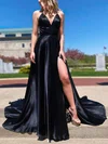A-line V-neck Silk-like Satin Sweep Train Split Front Prom Dresses #SALEMilly020107143