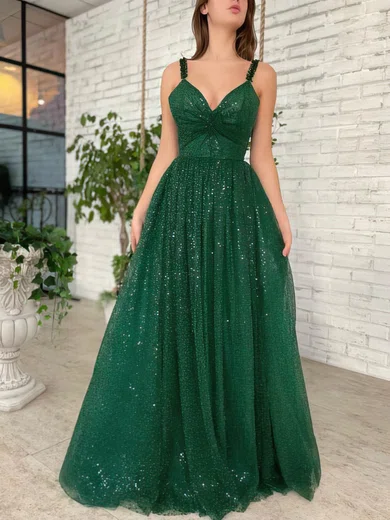 Ball Gown V-neck Glitter Floor-length Prom Dresses 