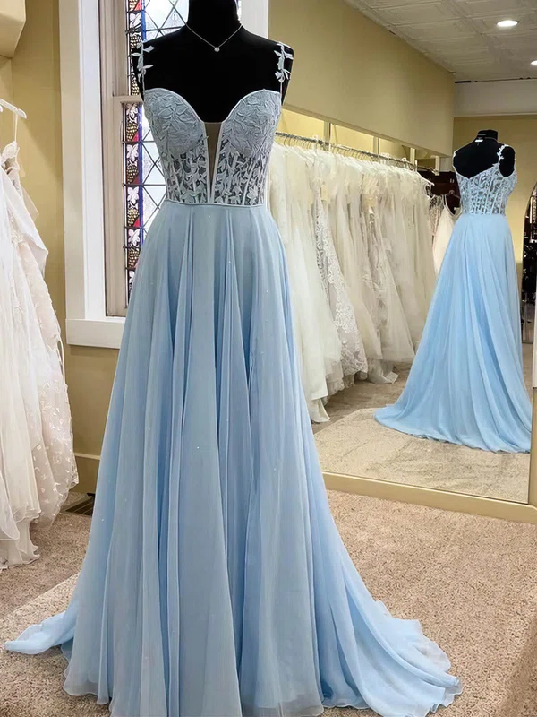 A-line V-neck Tulle Sweep Train Appliques Lace Prom Dresses #SALEMilly020108688