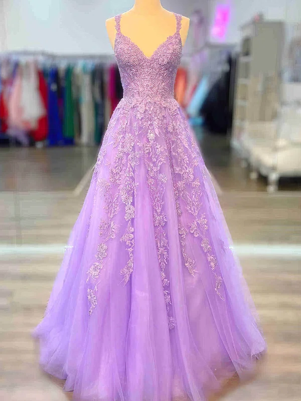 Ball Gown V-neck Tulle Floor-length Appliques Lace Prom Dresses #SALEMilly020112301
