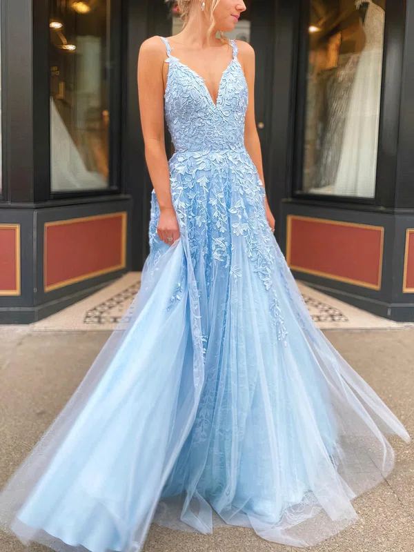 Ball Gown V-neck Lace Tulle Sweep Train Appliques Lace Prom Dresses #SALEMilly020115941