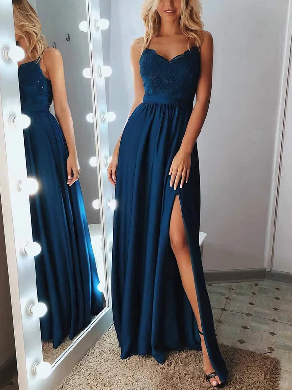 A-line V-neck Silk-like Satin Floor-length Appliques Lace Prom Dresses #SALEMilly020108394