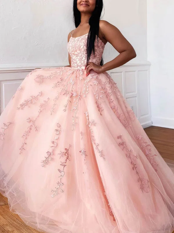 Ball Gown Scoop Neck Tulle Sweep Train Appliques Lace Prom Dresses #SALEMilly020107691
