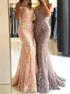 Trumpet/Mermaid V-neck Lace Tulle Sweep Train Sashes / Ribbons Prom Dresses #SALEMilly020107937