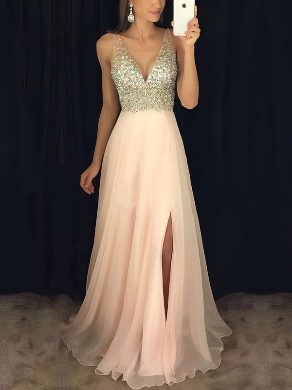A-line V-neck Chiffon Floor-length Beading Prom Dresses #SALEMilly020104583