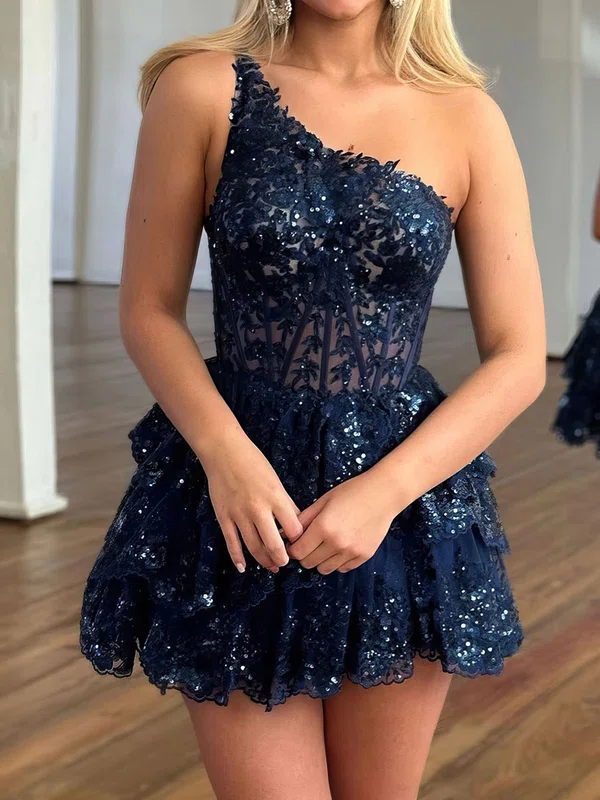 Corset Dark Navy Skater One Shoulder Tiered Homecoming Dresses #Milly020117425