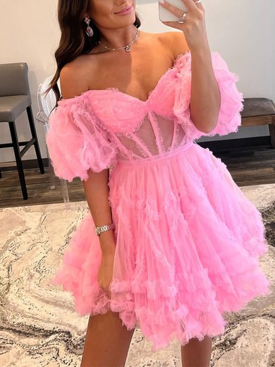 Pink Off Shoulder Puff Sleeve Tulle Mini Dress #Milly020117427