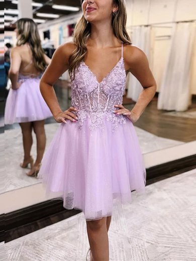 A-line V-neck Tulle Knee-length Homecoming Dresses With Appliques Lace #Milly020117469
