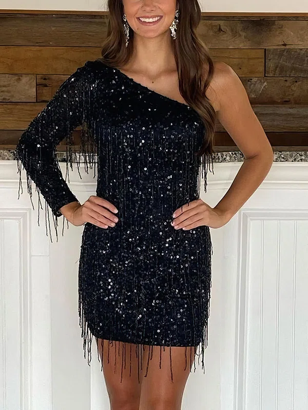 Sheath/Column One Shoulder Sequined Short/Mini Homecoming Dresses With Beading #Milly020117548