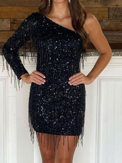 Sparkly Black Sequin One Shoulder Fringe Homecoming Dresses #Milly020117548