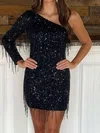 Sparkly Black Sequin One-Shoulder Fringe Homecoming Dresses #Milly020117548