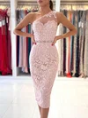 Sheath/Column One Shoulder Tulle Tea-length Homecoming Dresses With Beading #Milly020117574