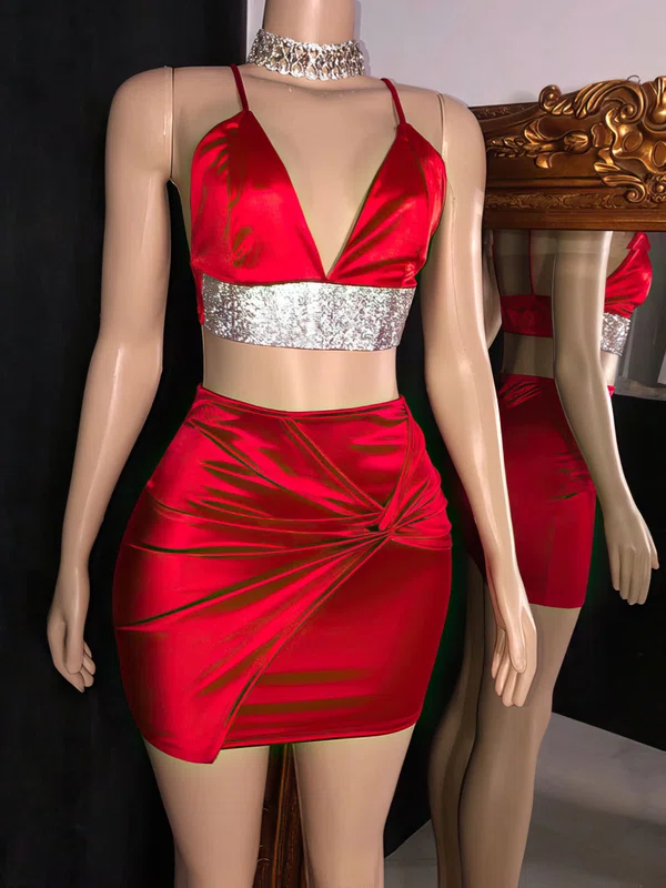 Sheath/Column V-neck Silk-like Satin Short/Mini Homecoming Dresses With Sequins #Milly020117579