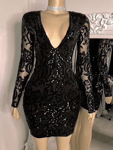 Black Long Sleeve Sequin Bodycon Mini Dress #Milly020117584
