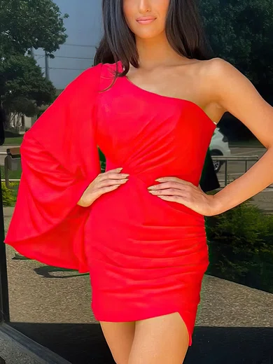 One-Shoulder Long Sleeves Ruched Bodycon Homecoming Dresses #Milly020117623