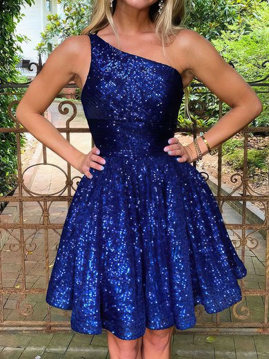 Sparkly Royal Blue Skater Sequin One Shoulder Homecoming Dresses #Milly020117640