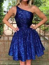 Sparkly Royal Blue Skater Sequin One-Shoulder Homecoming Dresses #Milly020117640