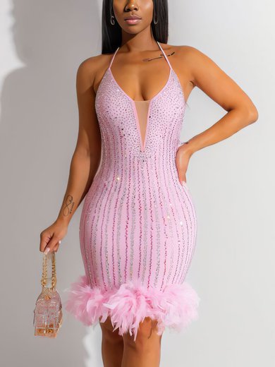 Sheath/Column Halter Sequined Short/Mini Homecoming Dresses With Feathers / Fur #Milly020117649