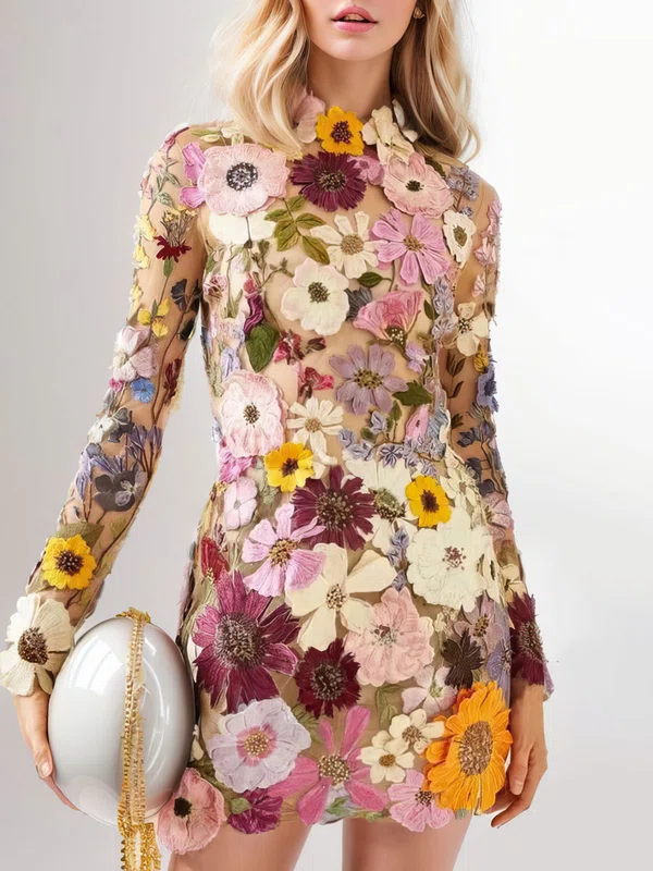 3D Floral Embroidered High Neck Long Sleeve Mini Dress #Milly020117658