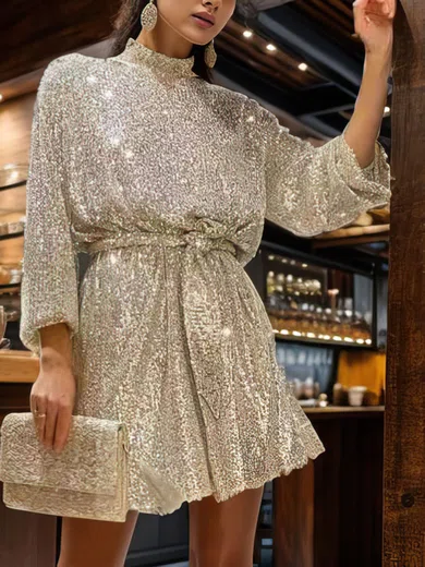 High Neck Sequin 3/4 Sleeve Homecoming Dresses #Milly020117660