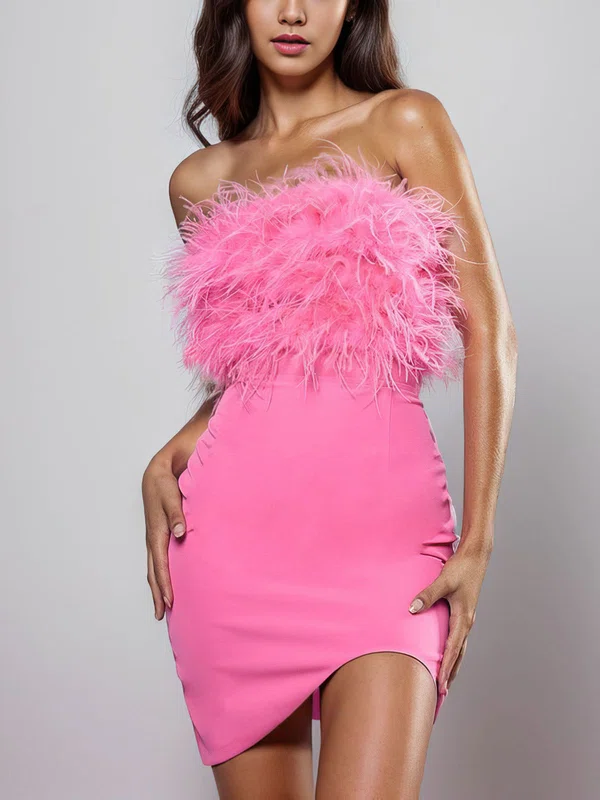 Fuzzy Trim Asymmetrical Strapless Bodycon Mini Dress #Milly020117673