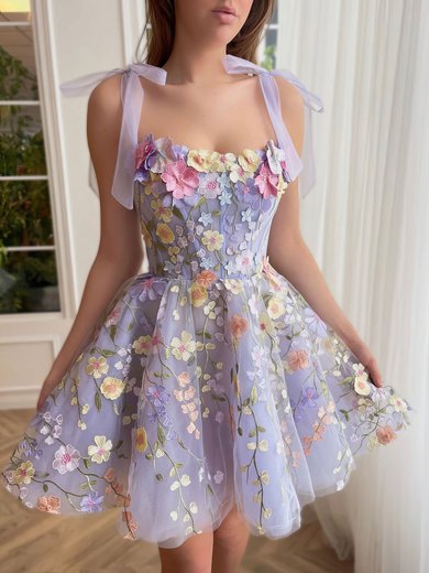 Ball Gown Square Neckline Tulle Short/Mini Homecoming Dresses With Flower(s) #Milly020117685