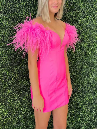 Off-The-Shoulder Satin Bodycon Homecoming Dresses With Feathers #Milly020117711