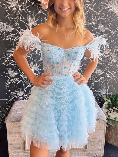 Ball Gown Off-the-shoulder Tulle Short/Mini Homecoming Dresses With Feathers / Fur #Milly020117729