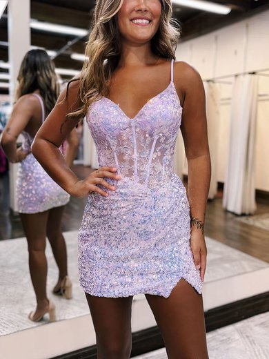 Sheath/Column V-neck Sequined Short/Mini Homecoming Dresses With Appliques Lace #Milly020117739