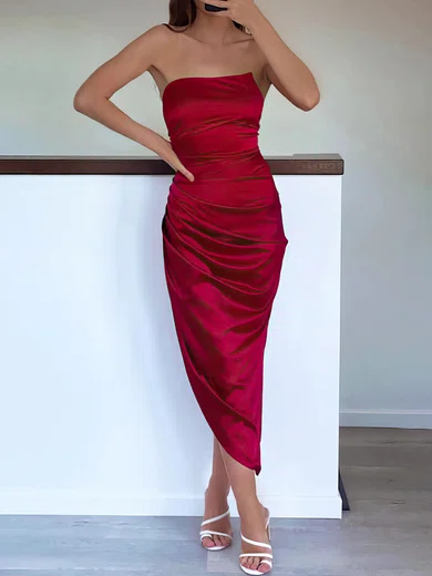 Elegant Burgundy Satin Sheath/Column Ruched Split Midi Dress PT020116991