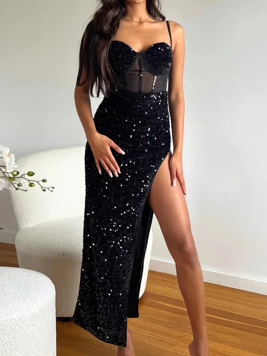 Sparkly Black Sequin Split Maxi Dress PT020117100